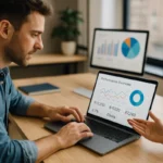 Marketing professionals analysing ad performance data on a laptop in a modern workspace.