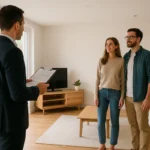 “Australian rental inspection in a modern living room with agent and prospective renters.”