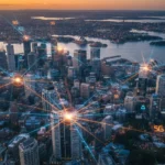 Australian city skyline with 5G network visualization overlay, representing the rollout and impact of 5G technology across Australia in 2026