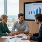 Australian couple reviewing mortgage options with a financial adviser while comparing loan documents and interest rates
