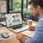 Australian small business owner planning a local advertising campaign using digital and community marketing strategies