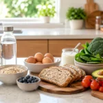 Australian kitchen bench with fresh vegetables, wholegrains, fruit, and healthy meal ingredients arranged for everyday nutrition