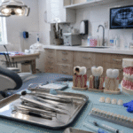 Ultra-realistic dental clinic interior with treatment chair, dental tools, tooth models, whitening equipment, and diagnostic screens in a clean Australian clinical setting.