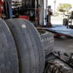 Close-up of severely worn car tyres with uneven tread inside a busy Australian tyre repair shop, showing a tread depth coin test, pressure gauge, and alignment equipment in natural daylight.