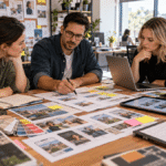 Australian marketing team reviewing campaign concepts, creative layouts and briefing documents together in a modern agency workspace.