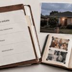 Estate administration checklist beside an Australian home photograph and family album.