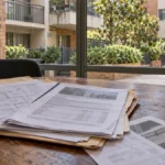Strata documents on a table overlooking an apartment courtyard.