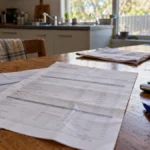 Payslips, a calculator and a pen on a wooden kitchen table.